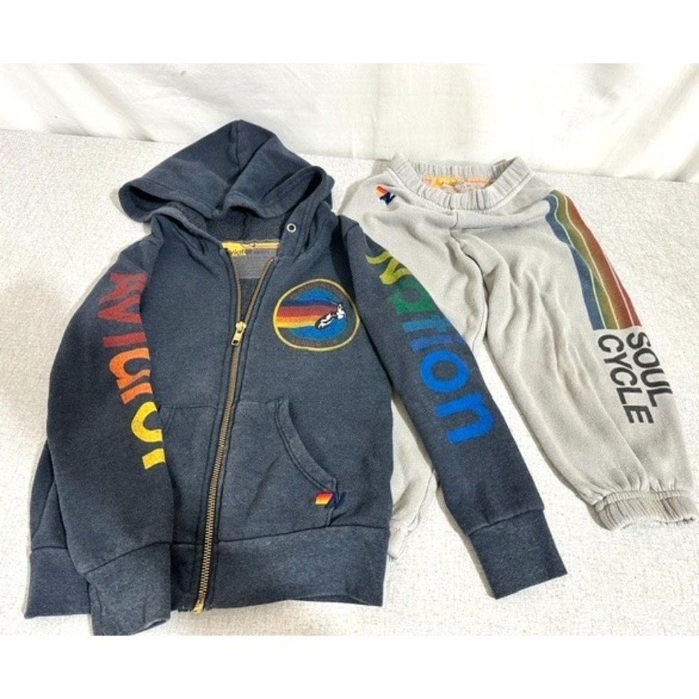 Aviator Nation 2/4T Navy Blue Logo Zip Hoodie & Gray Soul Cycle Logo Sweats